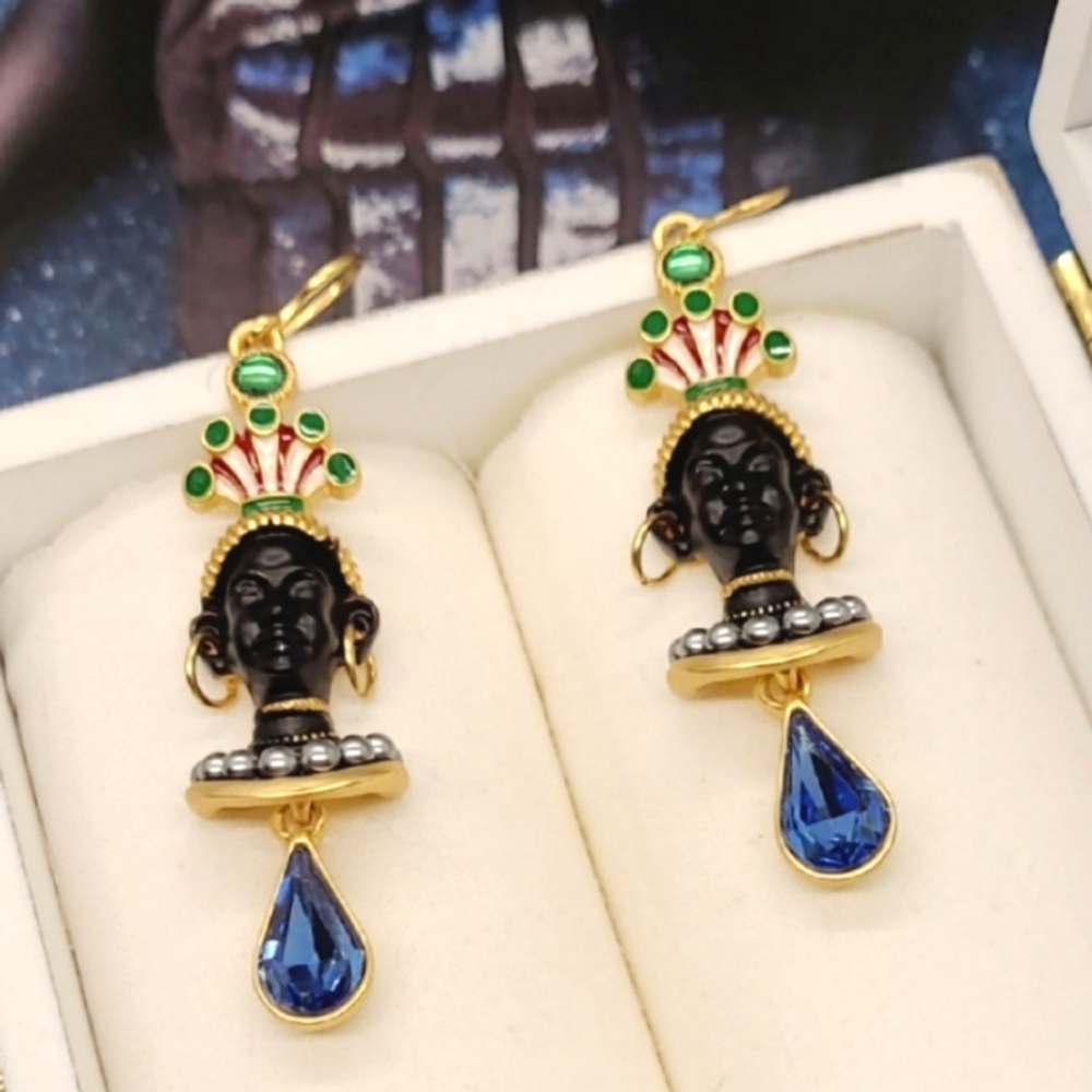 Vintage Estate Black Amoor Art Multi Stone Gold Dangle Earrings